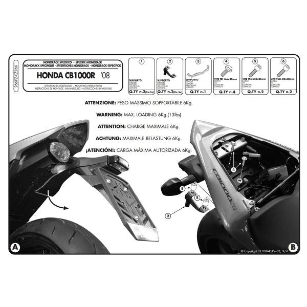 ATTACCO POSTERIORE BAULETTO GIVI MONOKEY MONOLOCK HONDA CB1000R 2008-2017